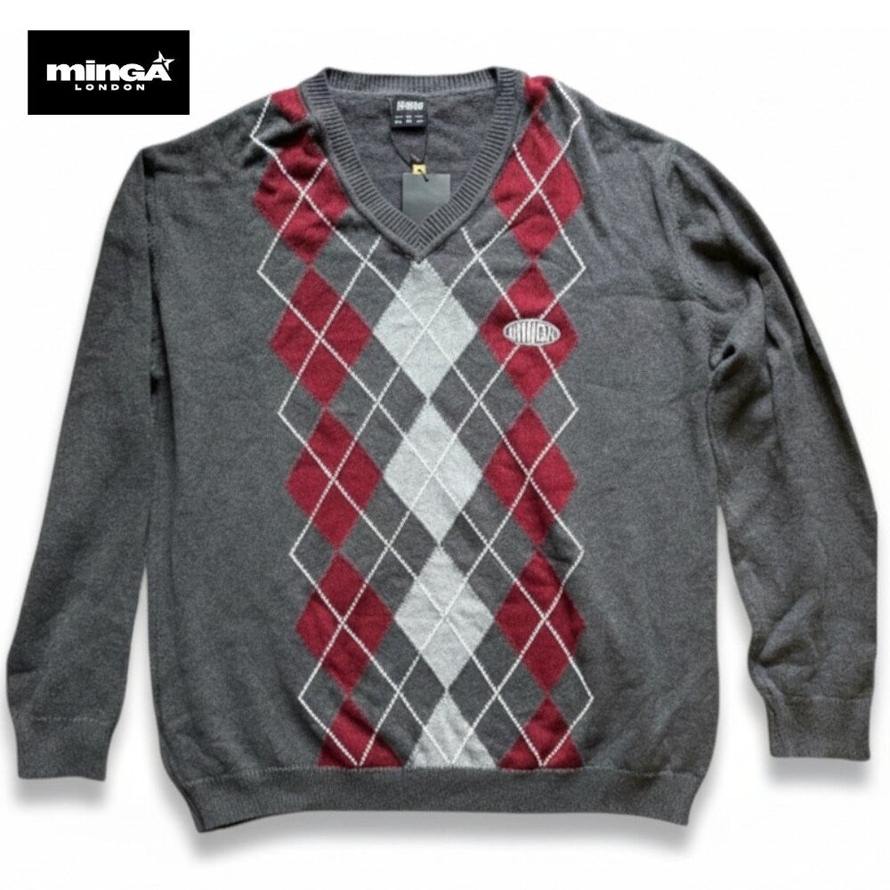 Minga London V-Neck Argyle Jumper Long Sleeve Cotton Sweater Grey | US Sz 12